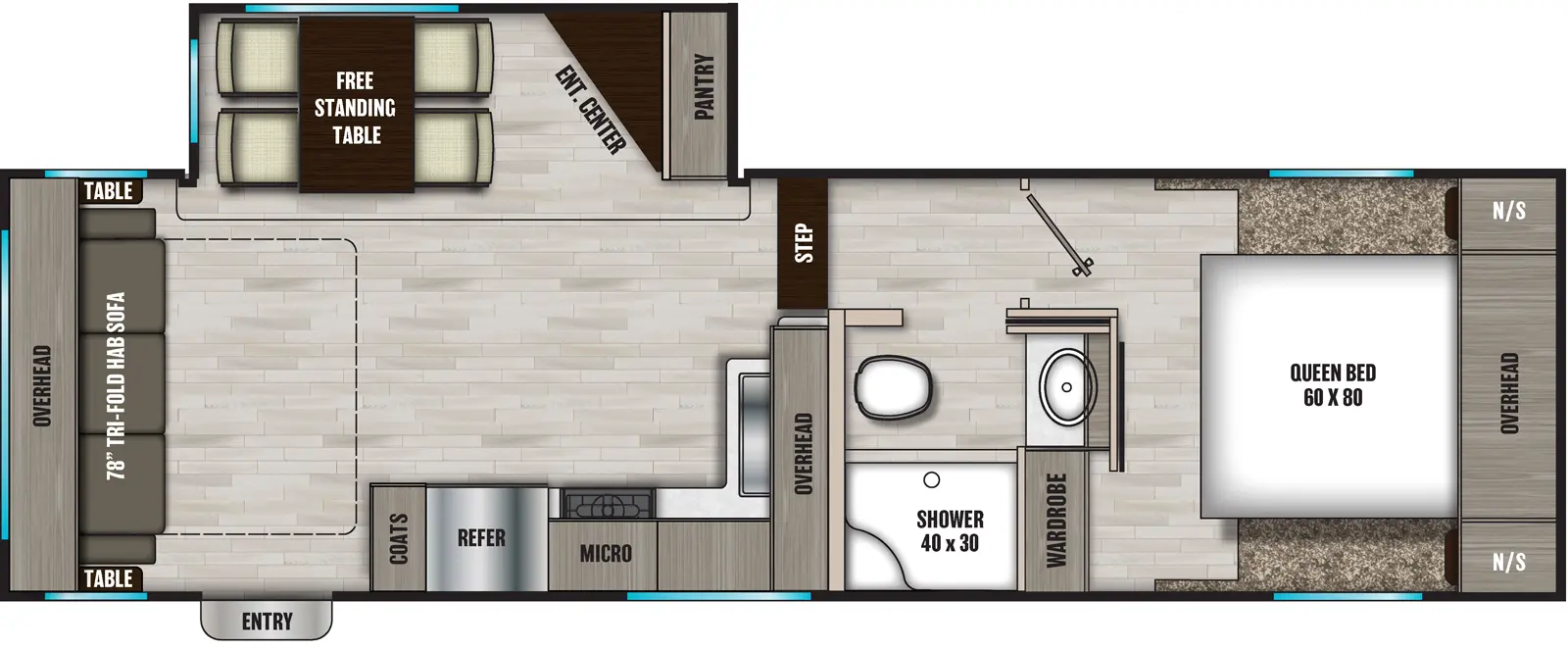 The 254RLS has one slideout and one entry. Interior layout front to back: foot-facing queen bed with overhead cabinet and nightstands on each side, and a door side wardrobe; door side full bathroom; steps down to main living area on off-door side; off-door side slideout with pantry, angled entertainment center, and free-standing dinette; kitchen counter with sink and overhead cabinet wraps from inner wall to door side with microwave, cooktop, refrigerator, coat closet, and entry; rear tri-fold sofa with overhead cabinet, and tables on each side.